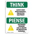 Signmission OSHA THINK Sign, Wear PPE Symbol Bilingual, 14in X 10in Aluminum, 14" W, 10" H, Landscape OS-TS-A-1014-L-11864